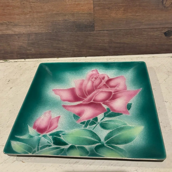 Vtg Rose Flower Japanese Enamel Tutanka Cloisonne Tray Plate Dish Floral MCM - Picture 1 of 6